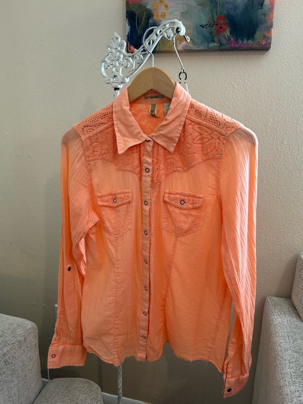 BKE Peach Crochet Yoke Button Shirt Size Medium Gauze Cotton Rodeo Western